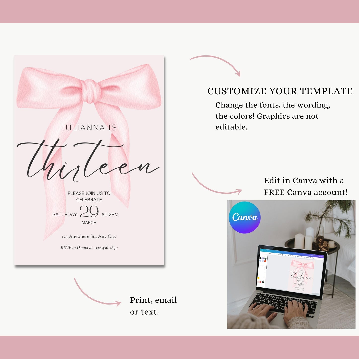 13th birthday invitation girl Pink Coquette Invite 13 year old girl Birthday Girl thirteenth Pink Bow Birthday Teen Birthday Party