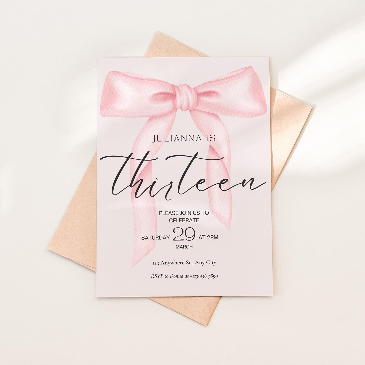 13th birthday invitation girl Pink Coquette Invite 13 year old girl Birthday Girl thirteenth Pink Bow Birthday Teen Birthday Party