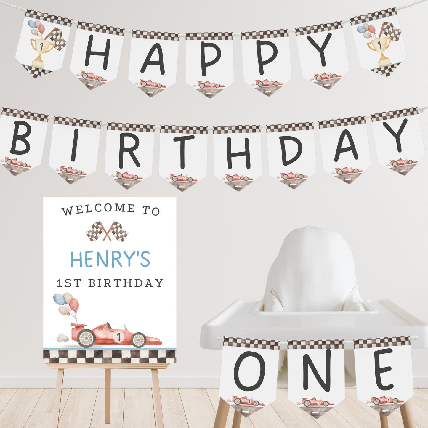 Fast One First Birthday Party Sign Happy Birthday Banner Racecar 1st Birthday Bunting First Lap Down Birthday Party Decor Racing Party