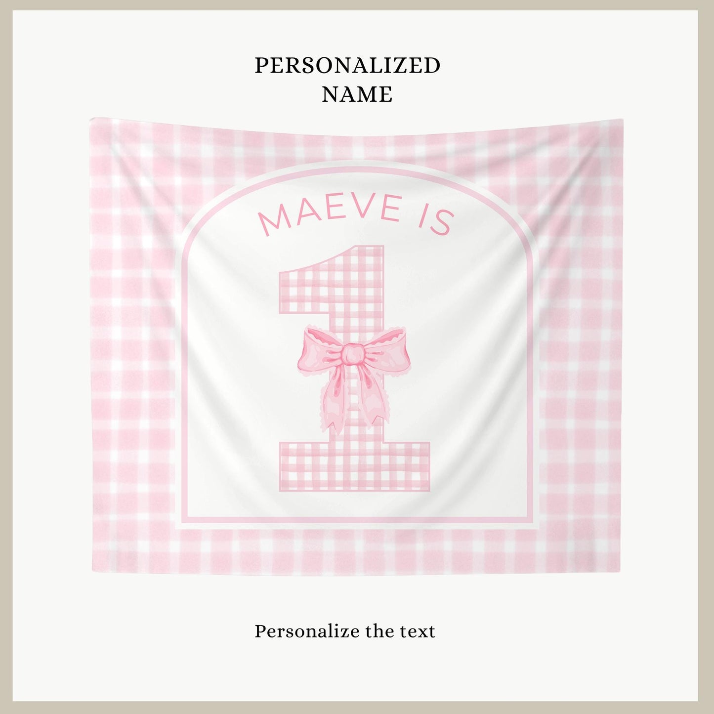 Pink Bow Birthday Personalized Banner 1st Birthday Pink Coquette Party Decor Photo Backdrop Ribbon Custom Banner First Birthday Gingham