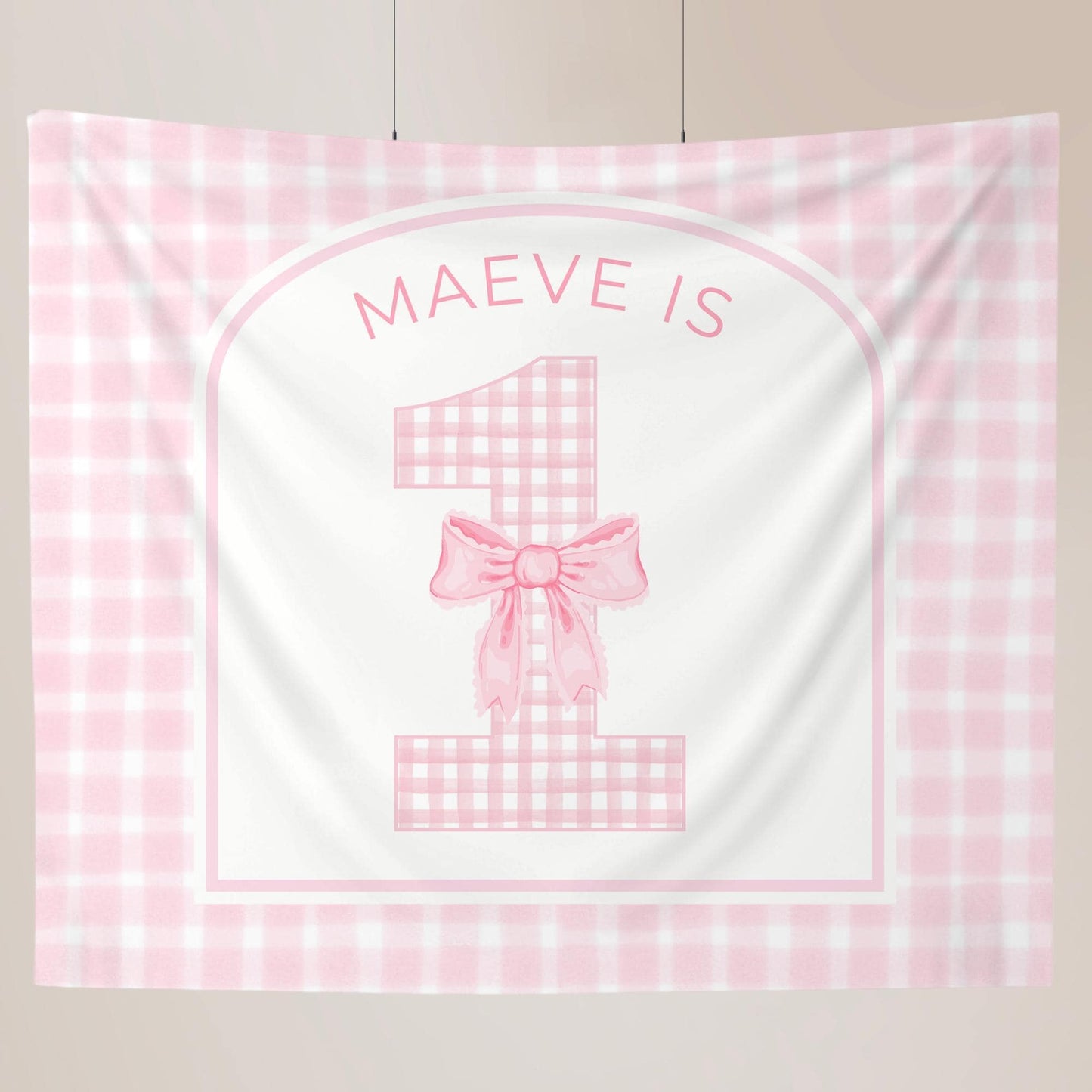 Pink Bow Birthday Personalized Banner 1st Birthday Pink Coquette Party Decor Photo Backdrop Ribbon Custom Banner First Birthday Gingham