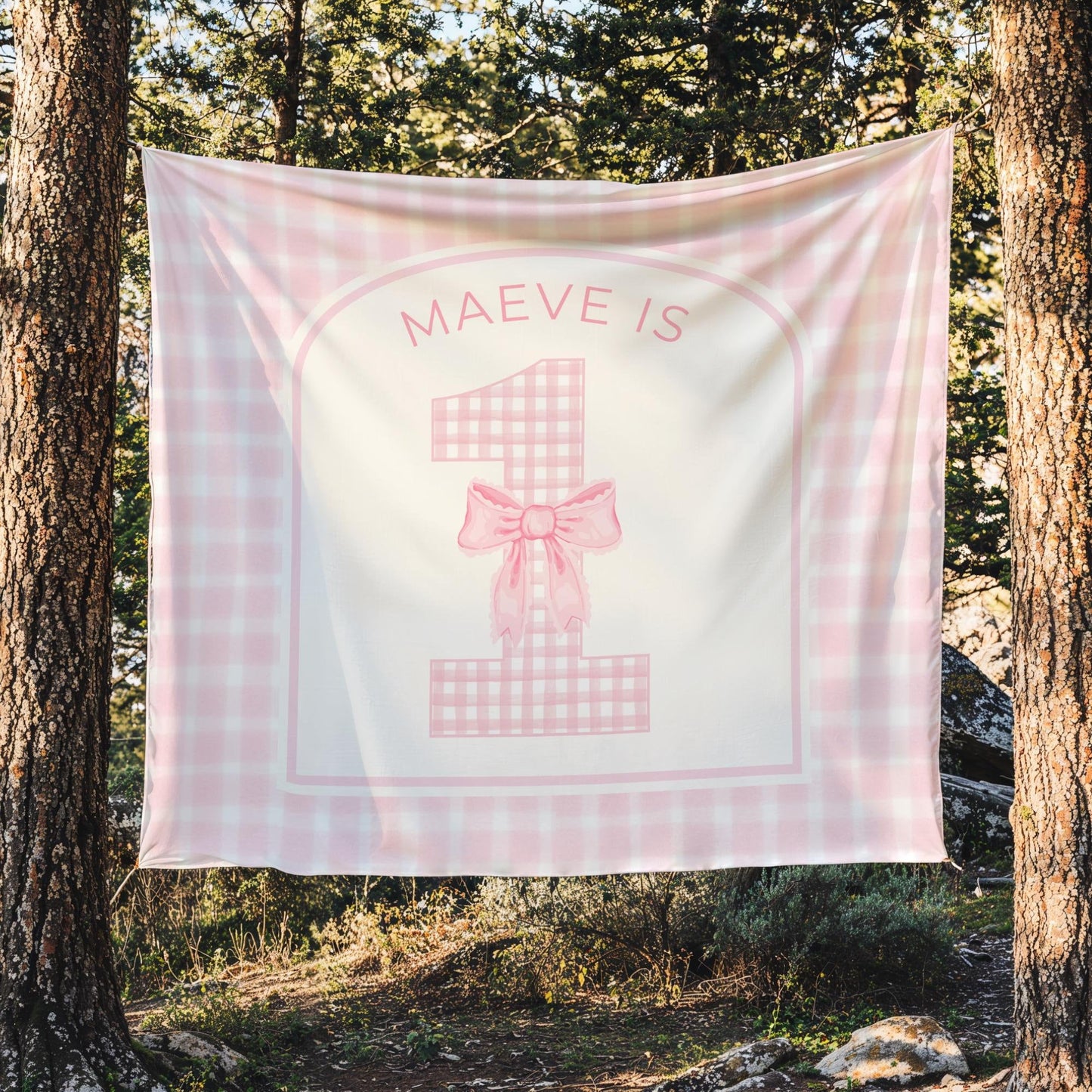 Pink Bow Birthday Personalized Banner 1st Birthday Pink Coquette Party Decor Photo Backdrop Ribbon Custom Banner First Birthday Gingham