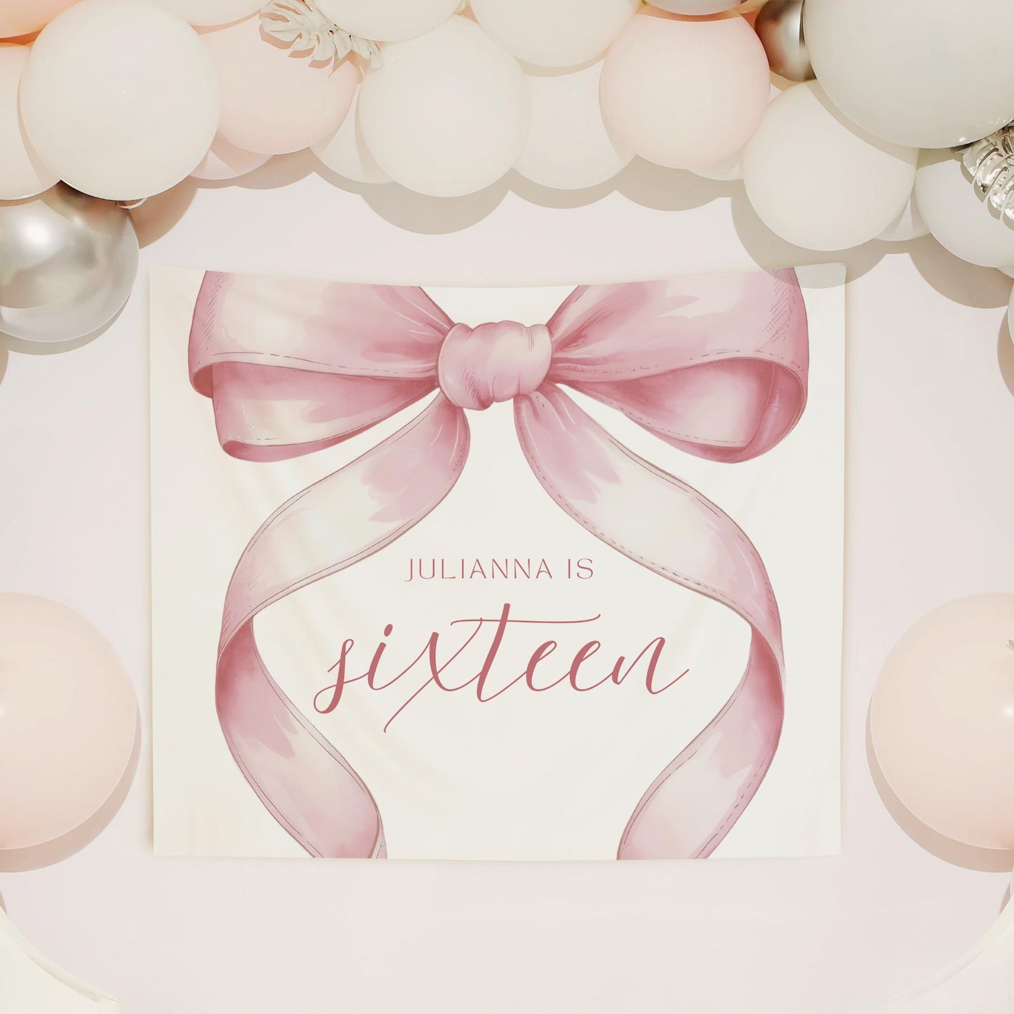 16th birthday Personalized Banner Coquette Party Decor Photo Backdrop 16th Birthday Sign sixteenth Pink Bow Birthday Sweet Sixteen