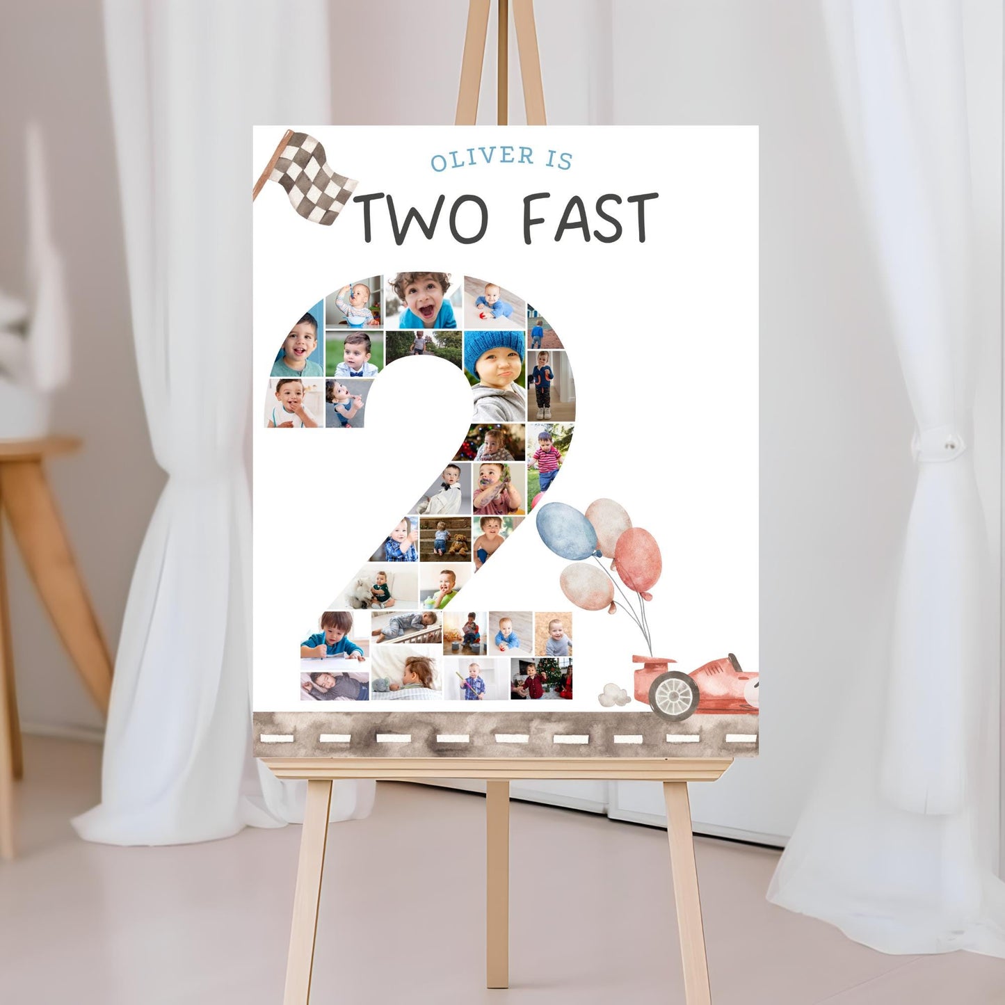 Two Fast Birthday Sign Photo Collage Editable Race Car Party Two Fast Two Curious 2nd Birthday Photo Banner Milestone photo sign
