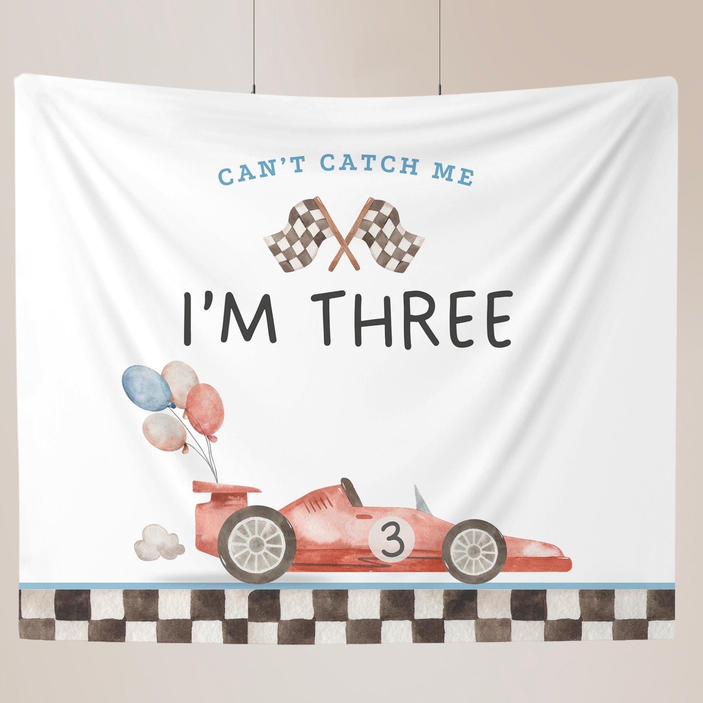 Racecar 3rd Birthday Personalized Banner Can't catch me I'm Three Party Decor Photo Backdrop Racing Custom Banner Race Track