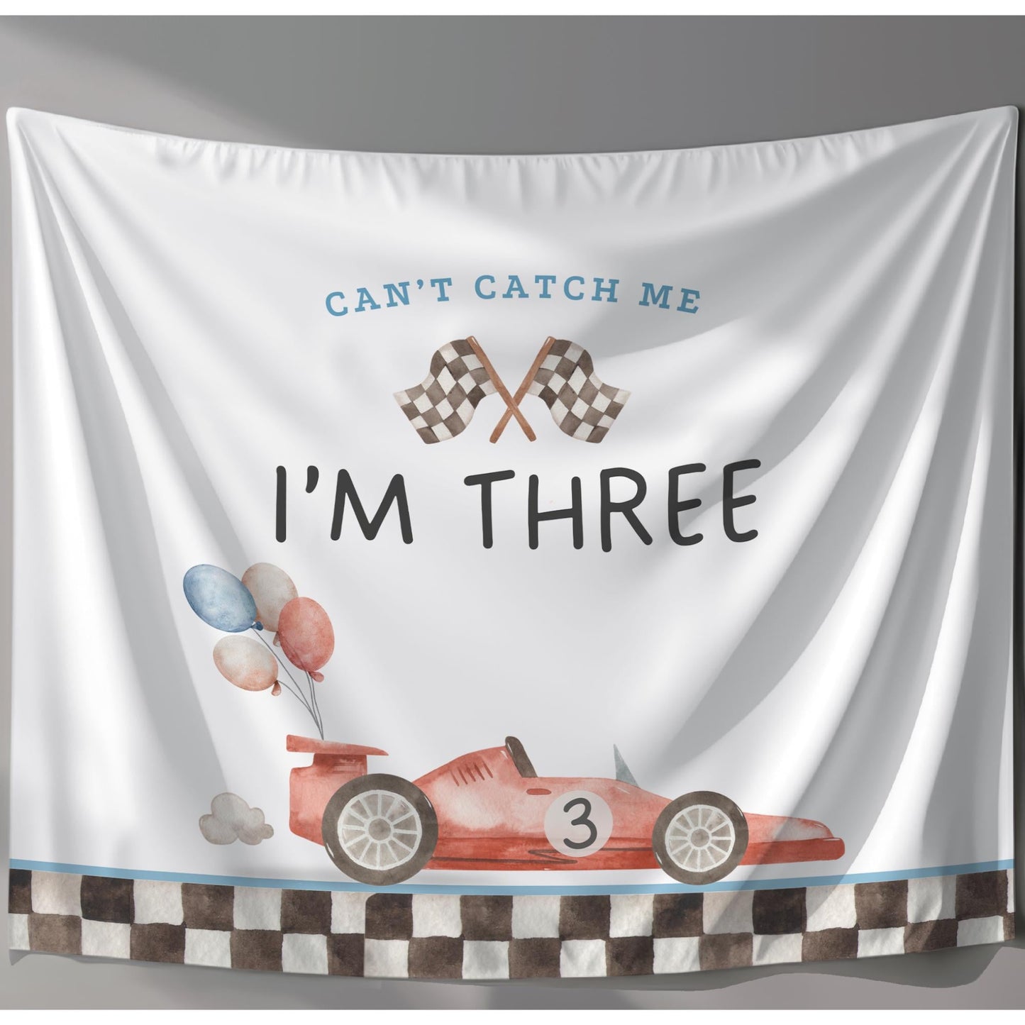 Racecar 3rd Birthday Personalized Banner Can't catch me I'm Three Party Decor Photo Backdrop Racing Custom Banner Race Track