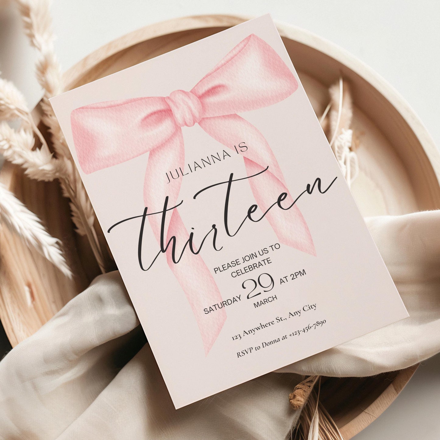13th birthday invitation girl Pink Coquette Invite 13 year old girl Birthday Girl thirteenth Pink Bow Birthday Teen Birthday Party
