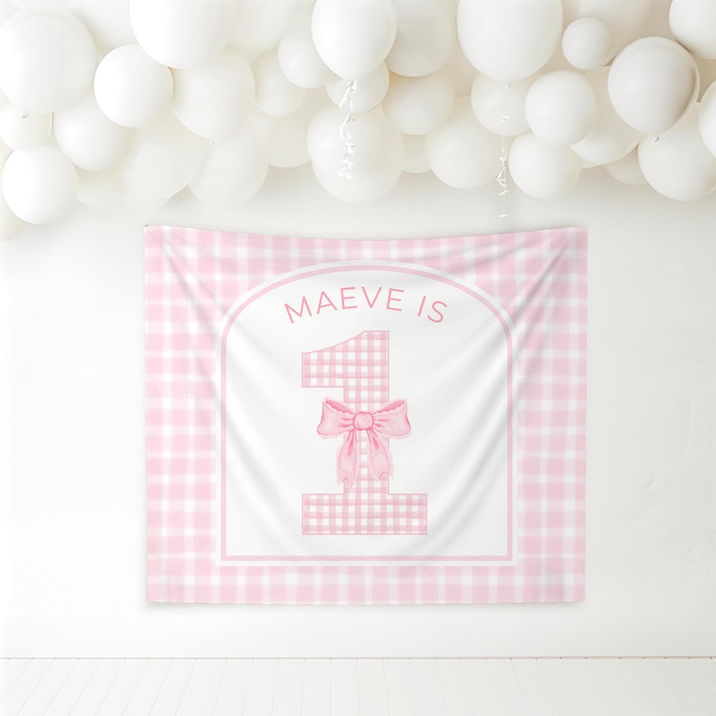 Pink Bow Birthday Personalized Banner 1st Birthday Pink Coquette Party Decor Photo Backdrop Ribbon Custom Banner First Birthday Gingham