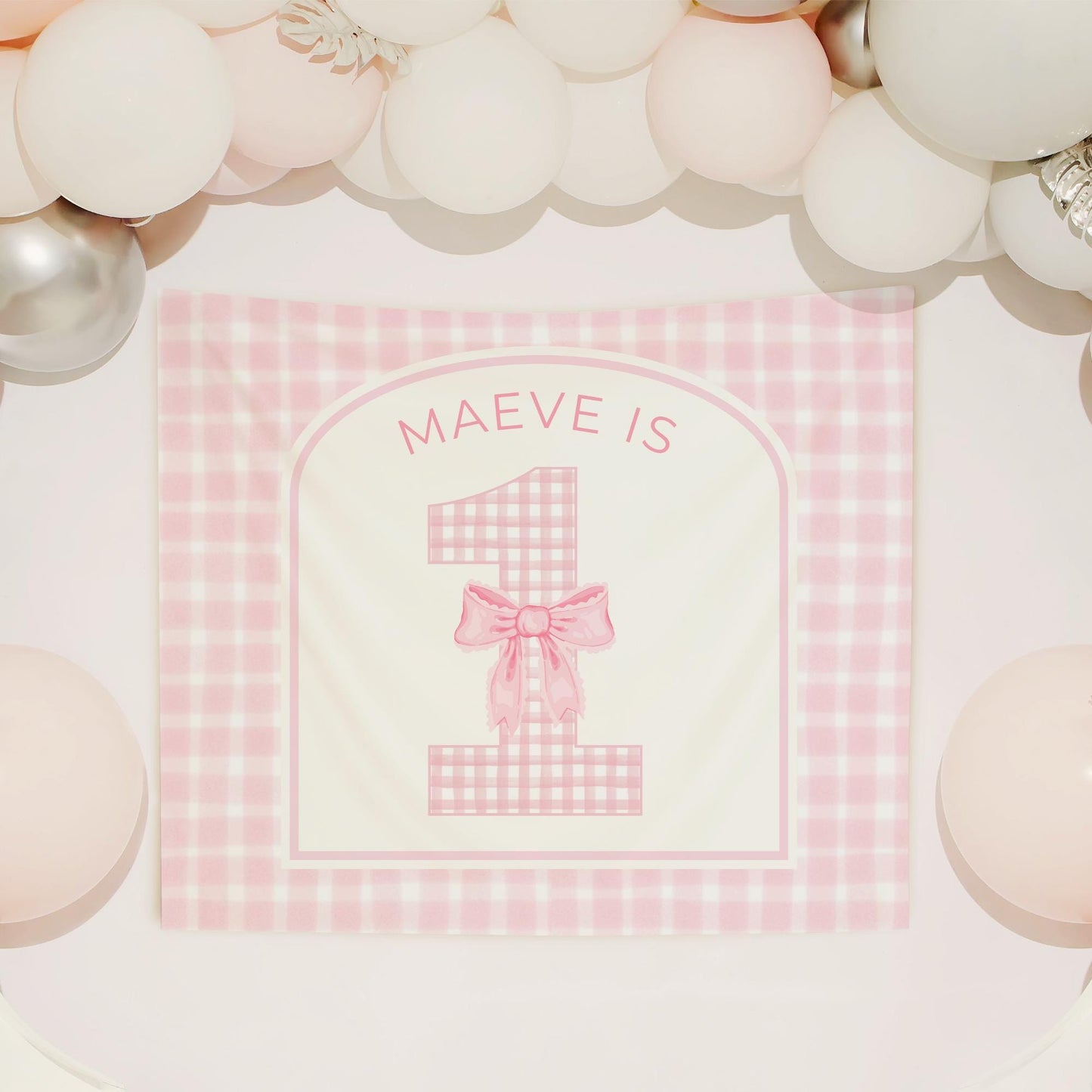 Pink Bow Birthday Personalized Banner 1st Birthday Pink Coquette Party Decor Photo Backdrop Ribbon Custom Banner First Birthday Gingham