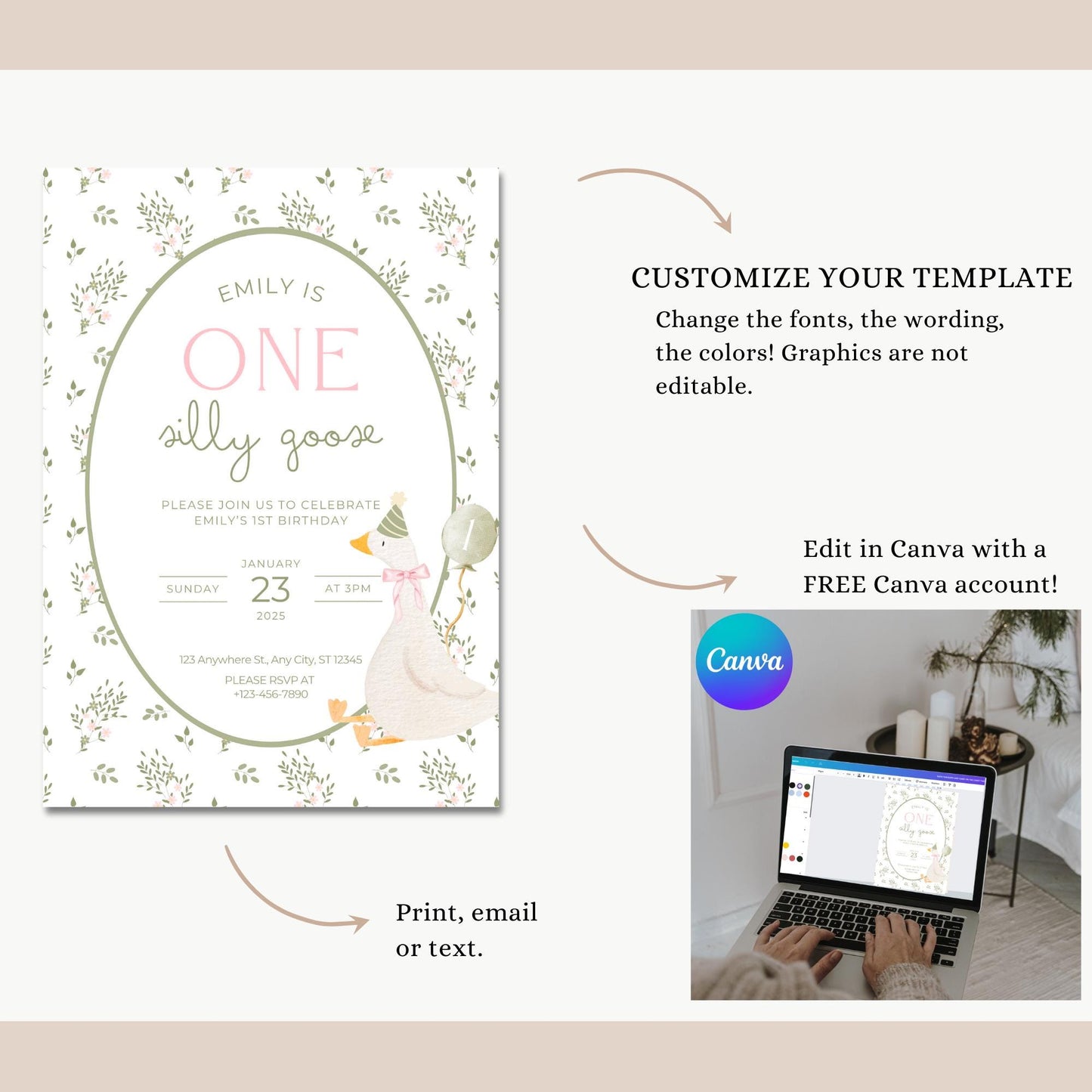 One Silly Goose Birthday Invite Vintage Floral First Birthday 1st Birthday Silly Goose Decor Editable Invitation Nursery Rhyme Birthday
