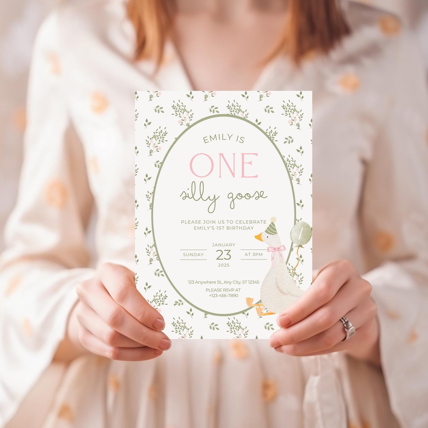 One Silly Goose Birthday Invite Vintage Floral First Birthday 1st Birthday Silly Goose Decor Editable Invitation Nursery Rhyme Birthday