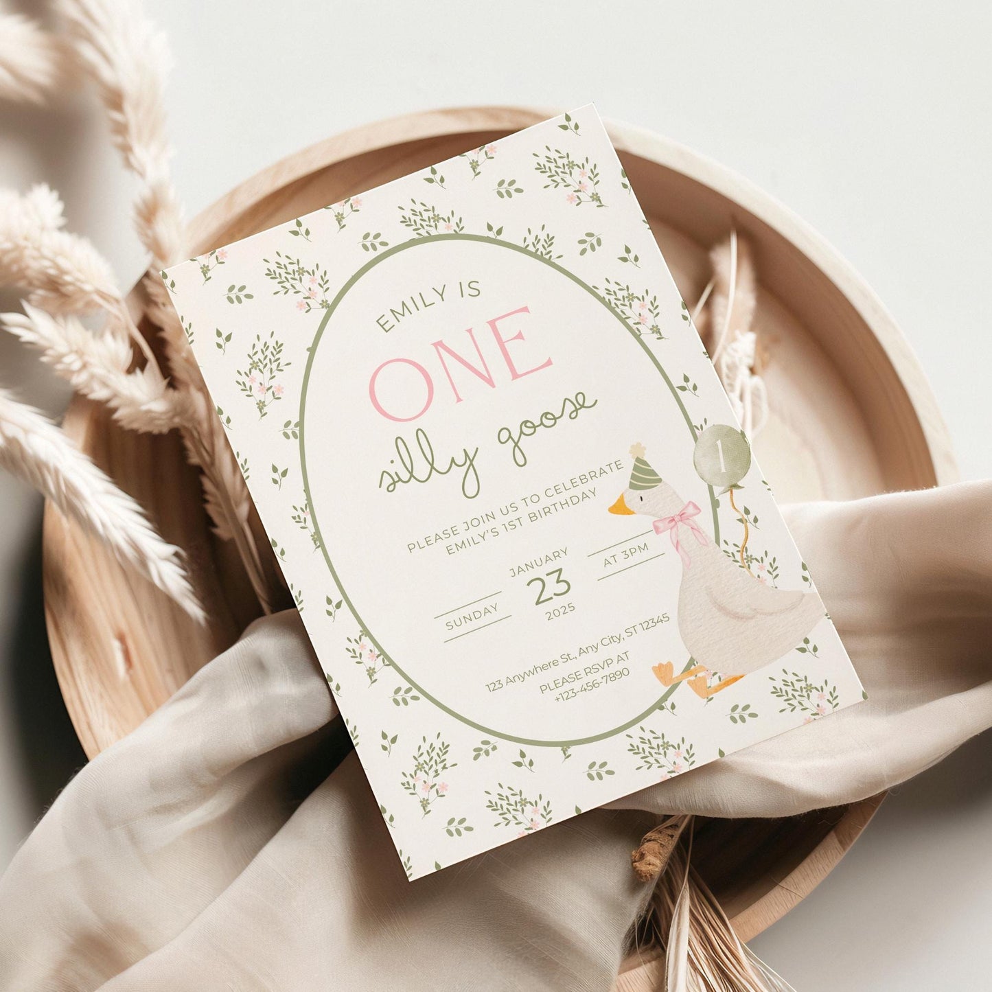 One Silly Goose Birthday Invite Vintage Floral First Birthday 1st Birthday Silly Goose Decor Editable Invitation Nursery Rhyme Birthday