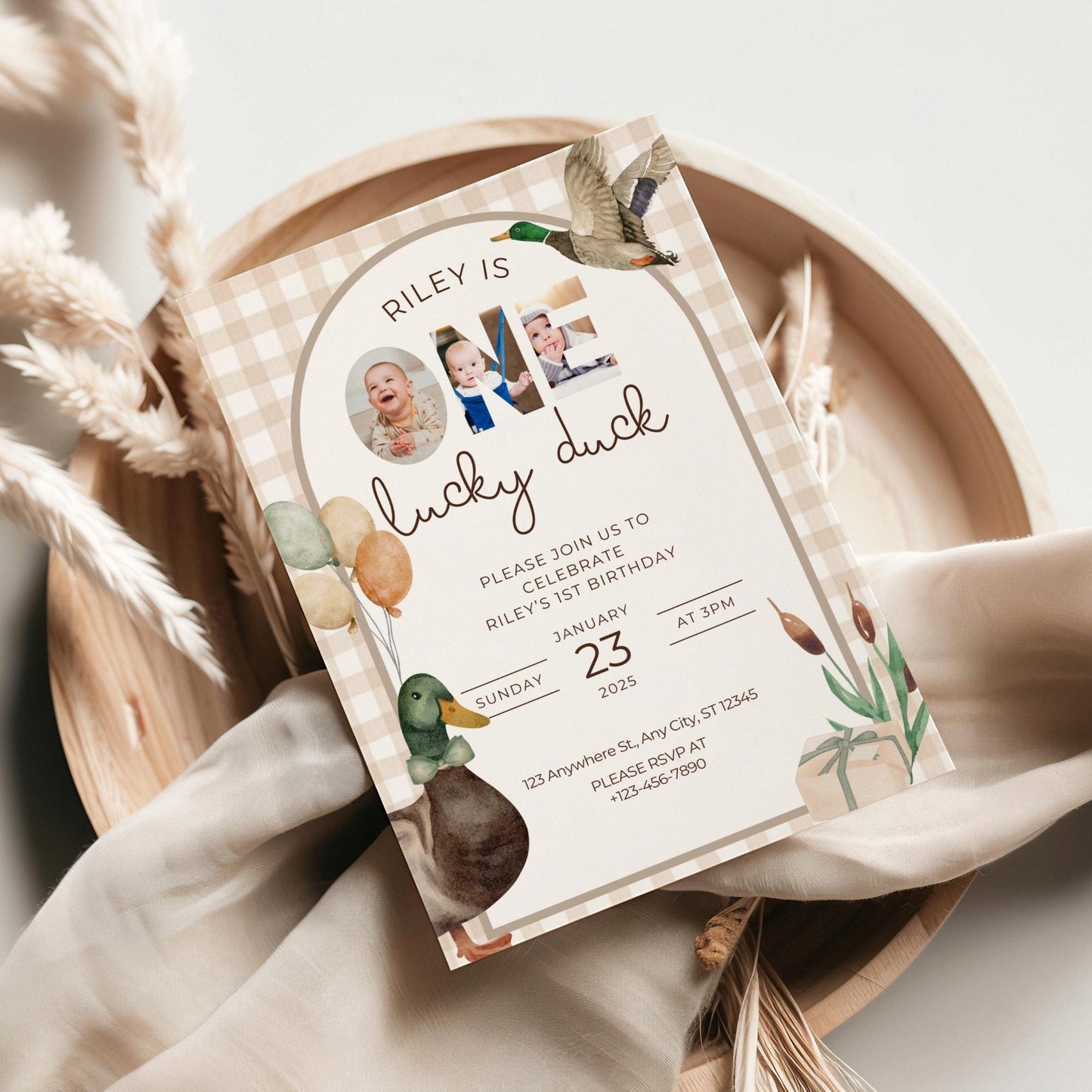 One Lucky Duck Birthday Invitation Boys First Birthday Invite Mallard Duck Watercolor Duck Gingham 1st Birthday Party Invite