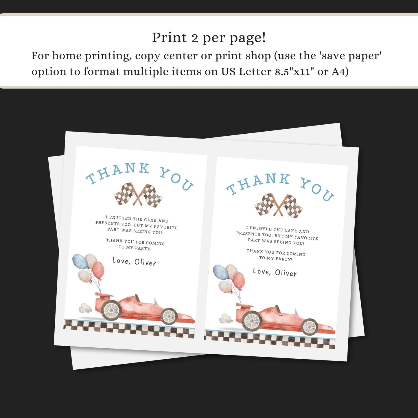 Racecar Birthday Thank you Card Two Fast themed Racecar Birthday Favor Tags Editable Template Fast One Party First Lap Down decor Racing