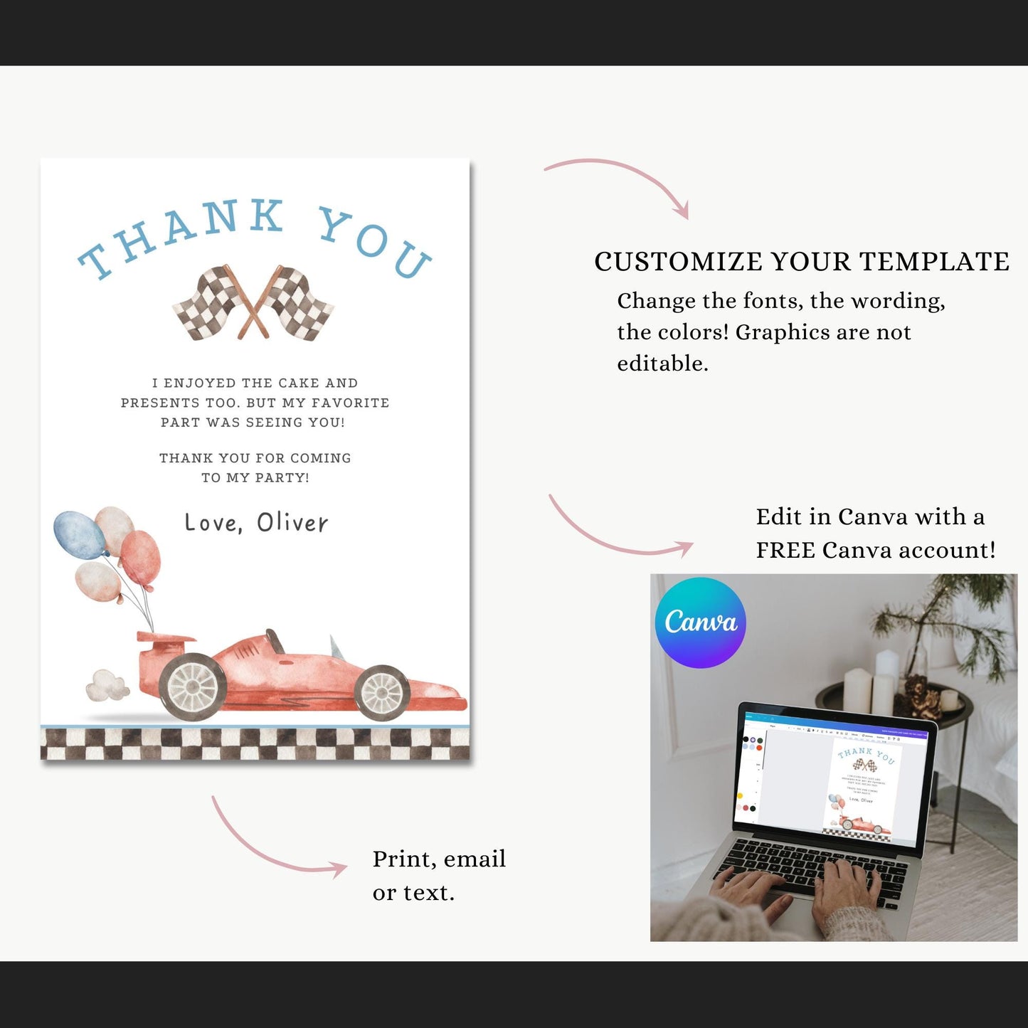 Racecar Birthday Thank you Card Two Fast themed Racecar Birthday Favor Tags Editable Template Fast One Party First Lap Down decor Racing