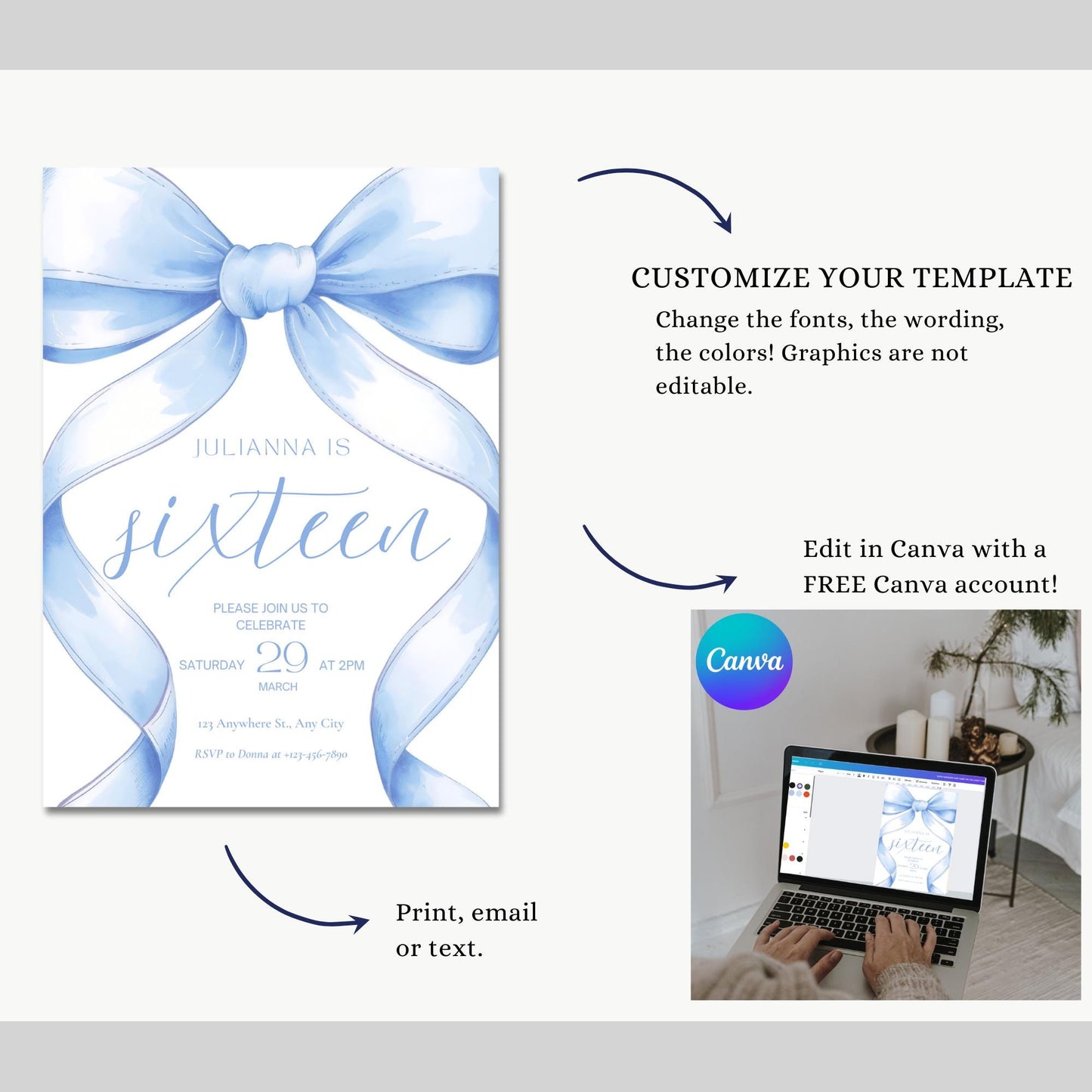 16th birthday invitation Blue Coquette Invite 16th Birthday Invitation Girl sixteenth Blue Bow Birthday Teen Birthday Party Sweet Sixteen
