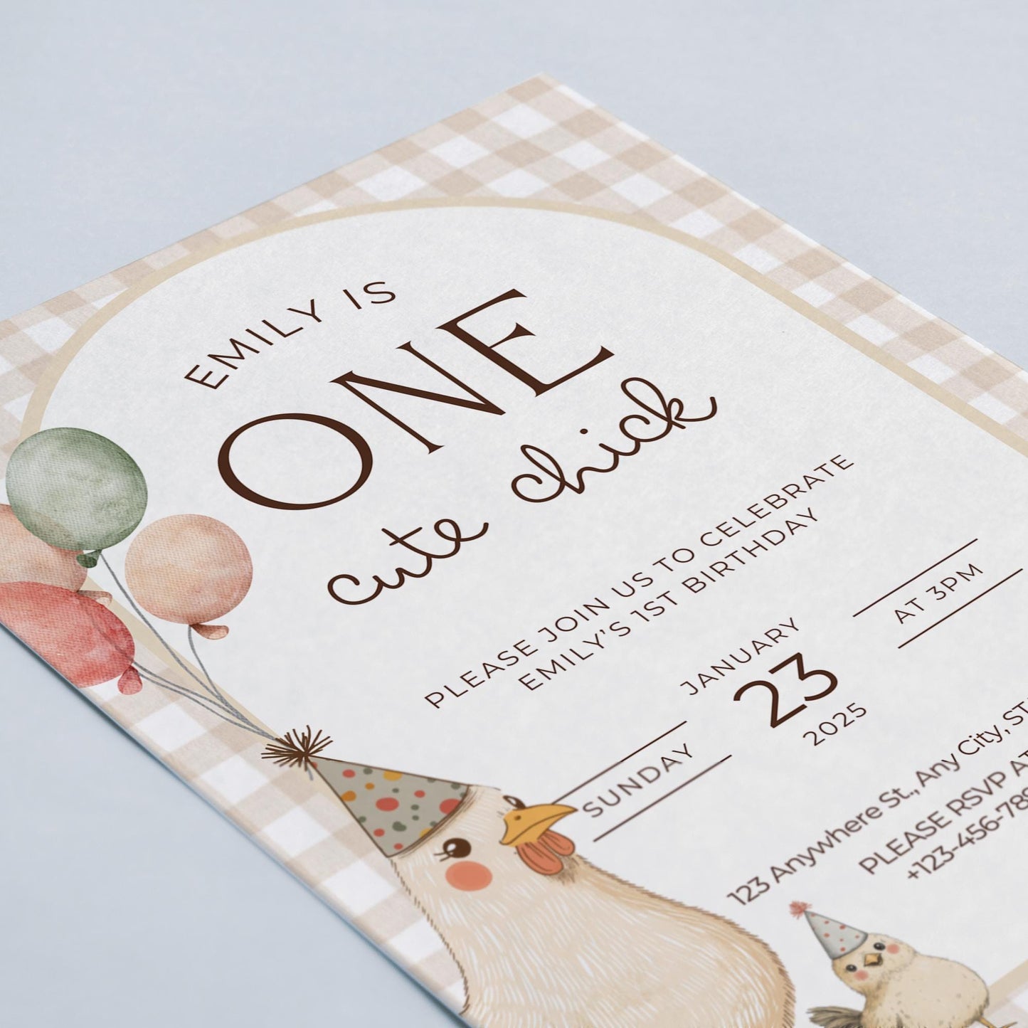One Cute Chick Birthday This Chick is One First Birthday 1st Birthday Chicken Decor Editable Invitation Farm animal Birthday Spring 1st