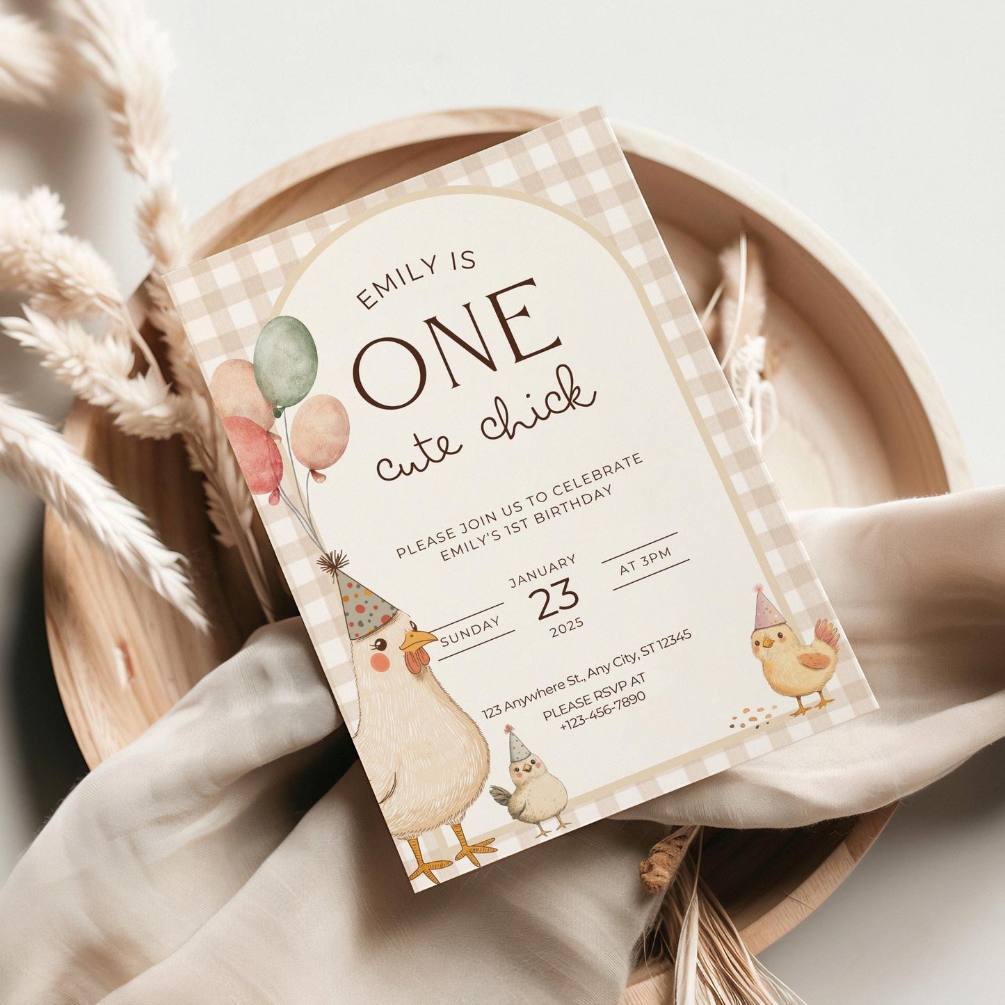 One Cute Chick Birthday This Chick is One First Birthday 1st Birthday Chicken Decor Editable Invitation Farm animal Birthday Spring 1st