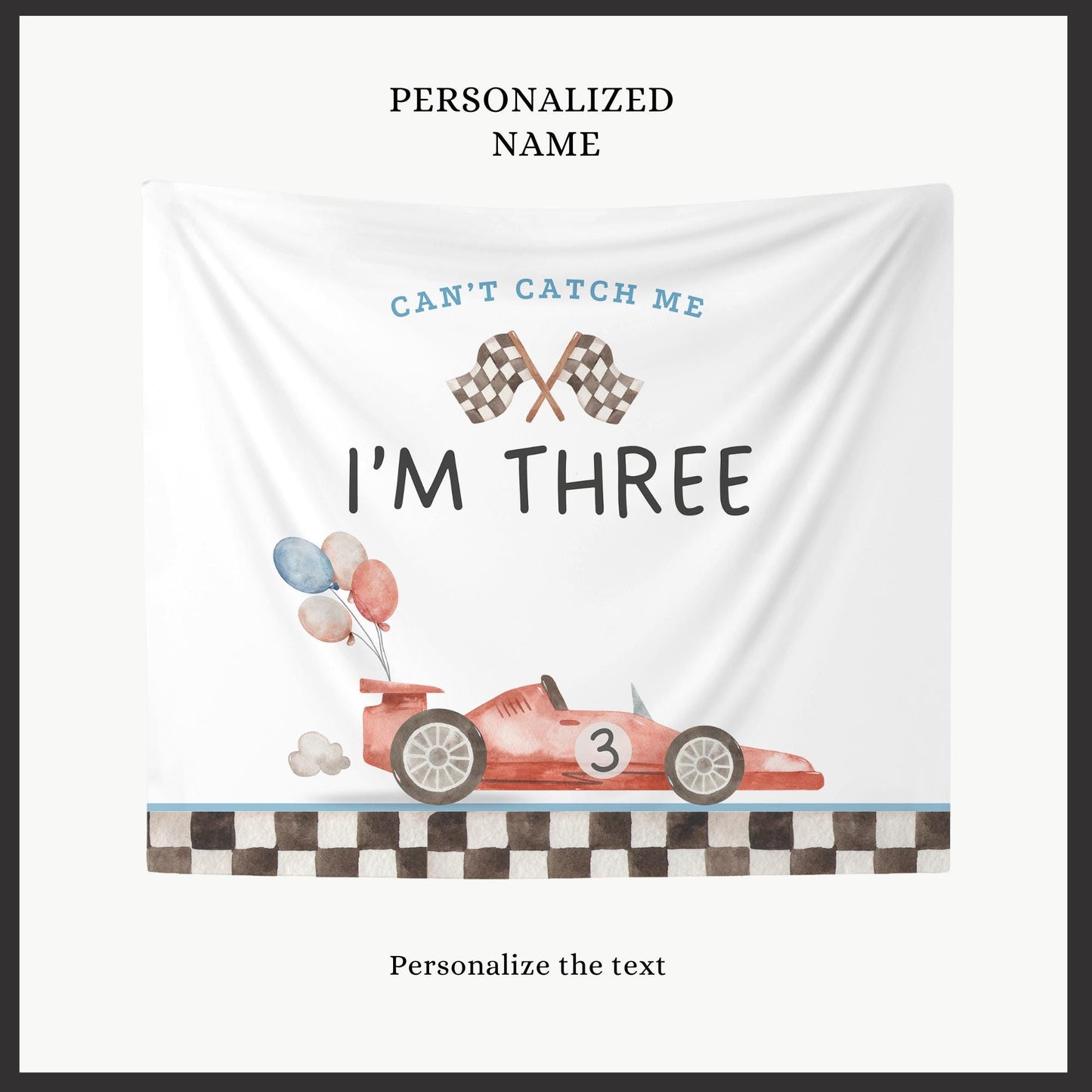 Racecar 3rd Birthday Personalized Banner Can't catch me I'm Three Party Decor Photo Backdrop Racing Custom Banner Race Track