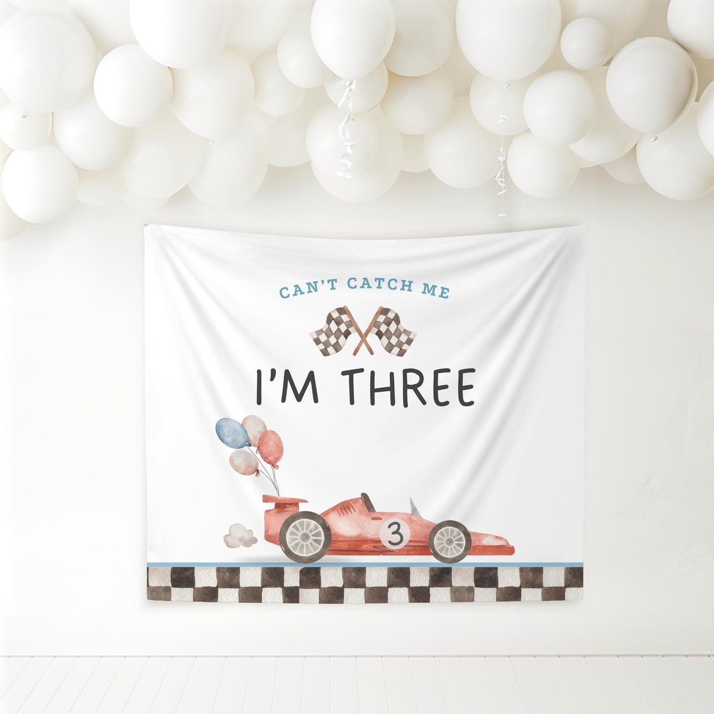 Racecar 3rd Birthday Personalized Banner Can't catch me I'm Three Party Decor Photo Backdrop Racing Custom Banner Race Track