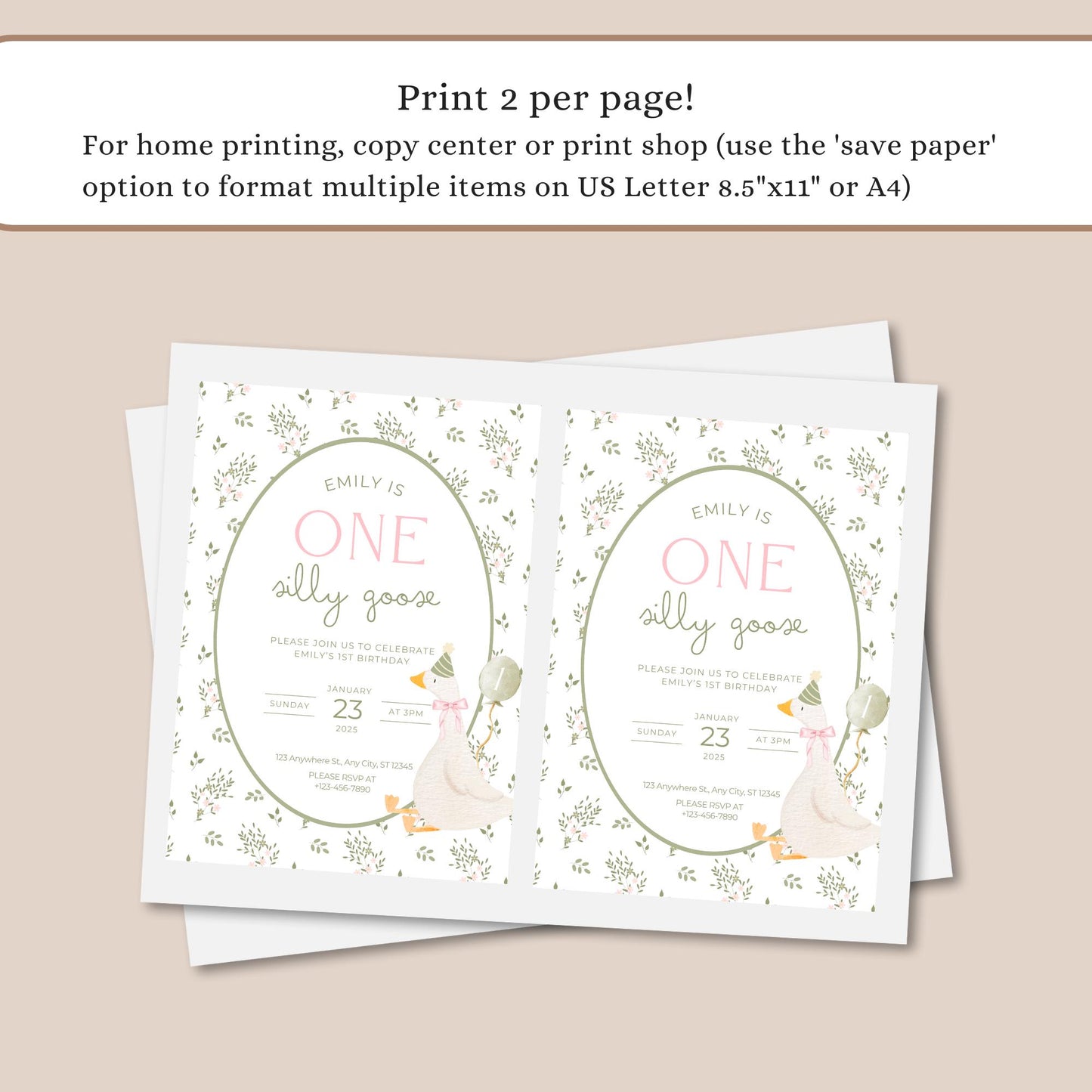 One Silly Goose Birthday Invite Vintage Floral First Birthday 1st Birthday Silly Goose Decor Editable Invitation Nursery Rhyme Birthday