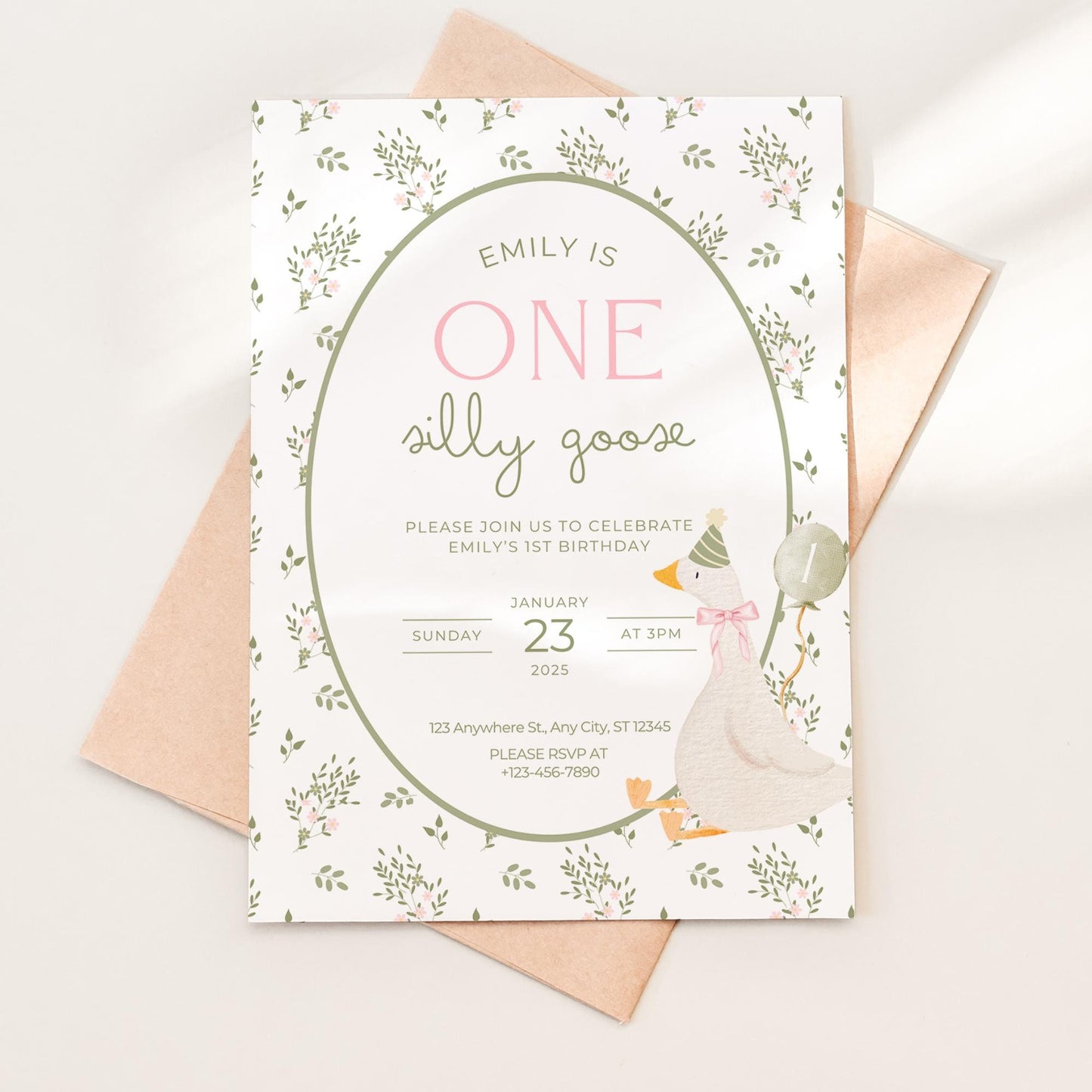 One Silly Goose Birthday Invite Vintage Floral First Birthday 1st Birthday Silly Goose Decor Editable Invitation Nursery Rhyme Birthday