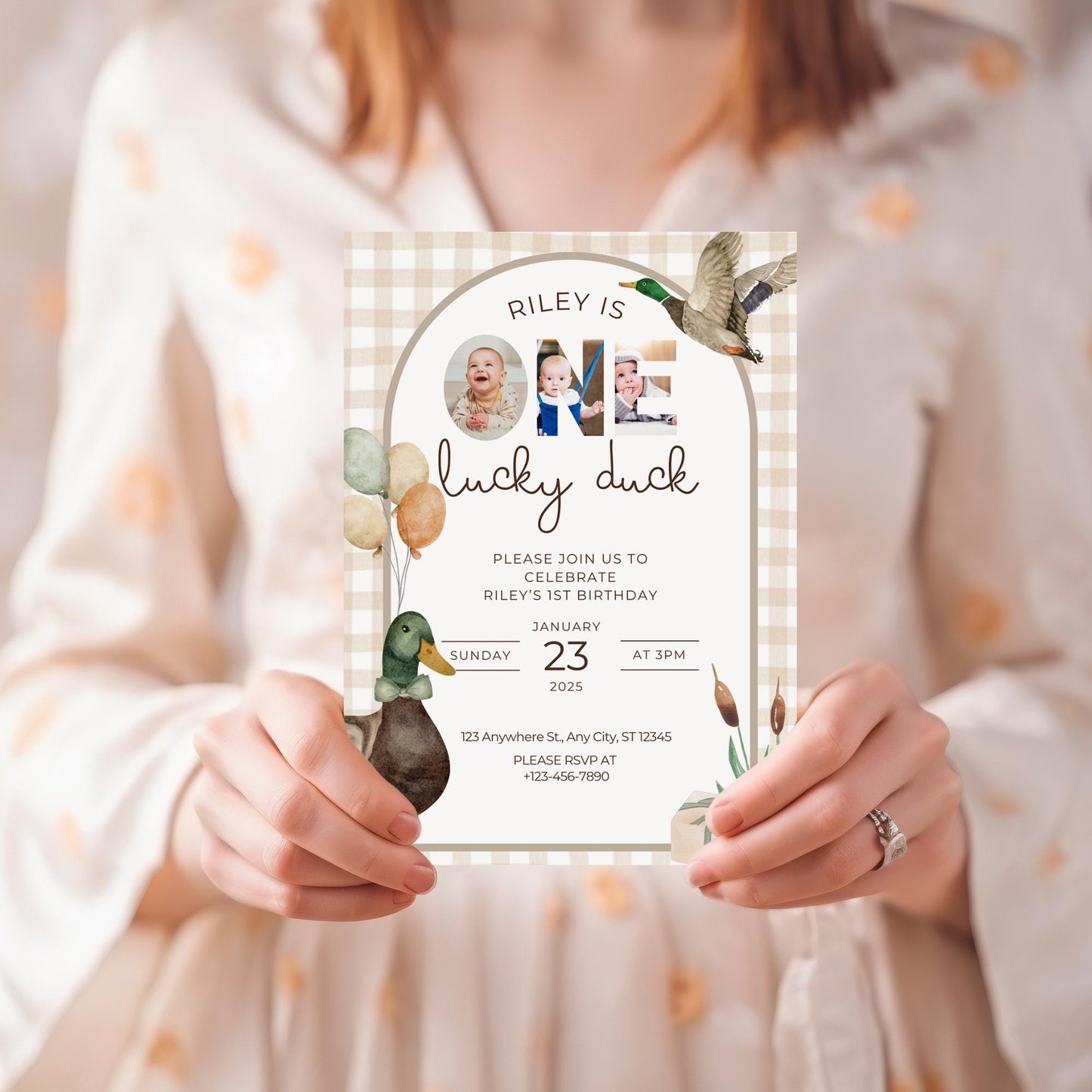 One Lucky Duck Birthday Invitation Boys First Birthday Invite Mallard Duck Watercolor Duck Gingham 1st Birthday Party Invite