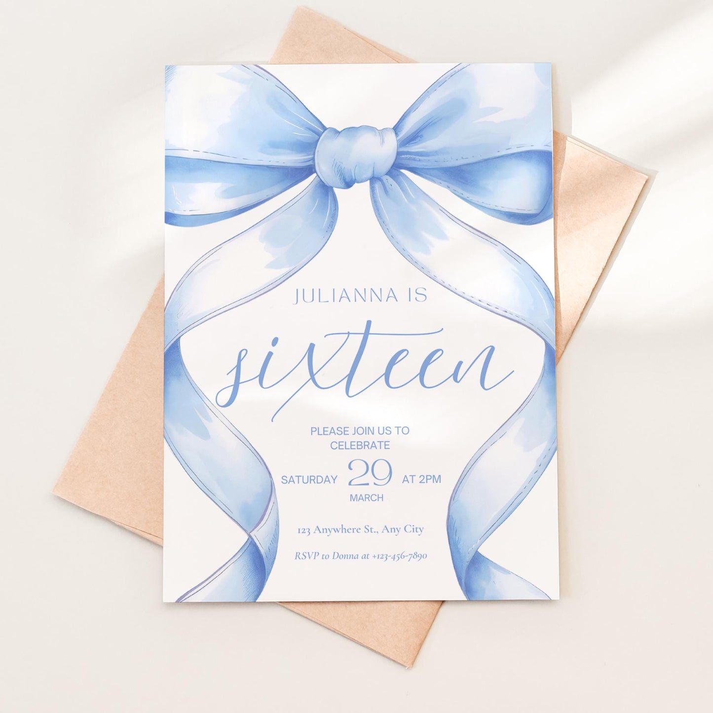 16th birthday invitation Blue Coquette Invite 16th Birthday Invitation Girl sixteenth Blue Bow Birthday Teen Birthday Party Sweet Sixteen