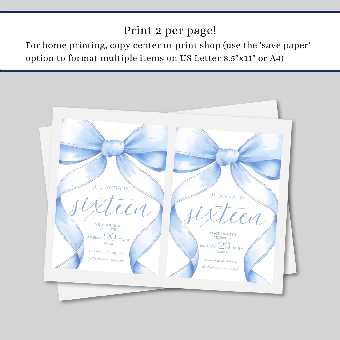 16th birthday invitation Blue Coquette Invite 16th Birthday Invitation Girl sixteenth Blue Bow Birthday Teen Birthday Party Sweet Sixteen