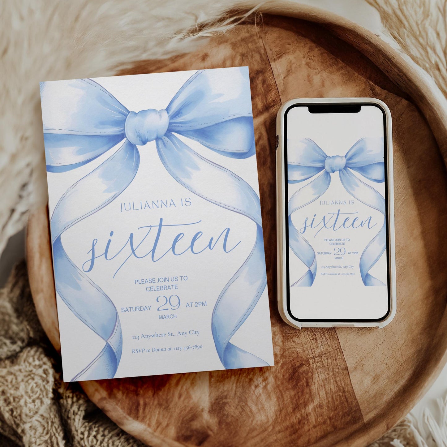 16th birthday invitation Blue Coquette Invite 16th Birthday Invitation Girl sixteenth Blue Bow Birthday Teen Birthday Party Sweet Sixteen