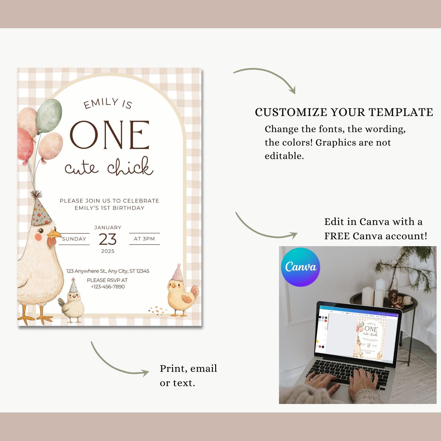 One Cute Chick Birthday This Chick is One First Birthday 1st Birthday Chicken Decor Editable Invitation Farm animal Birthday Spring 1st