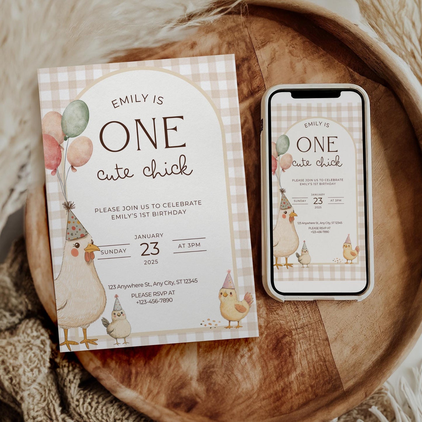 One Cute Chick Birthday This Chick is One First Birthday 1st Birthday Chicken Decor Editable Invitation Farm animal Birthday Spring 1st