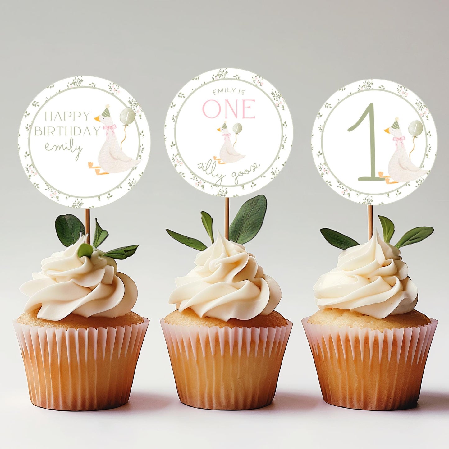 One Silly Goose Birthday Party Cupcake Toppers Editable Cake topper Goose themed Party Silly Goose First 1st Birthday Party Vintage Floral