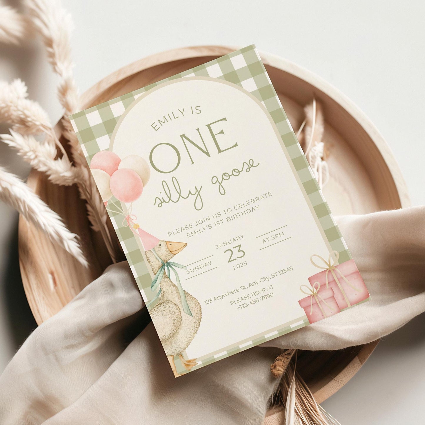 One Silly Goose Birthday Invite Dusty Pink First Birthday 1st Birthday Silly Goose Decor Editable Invitation Nursery Rhyme Birthday