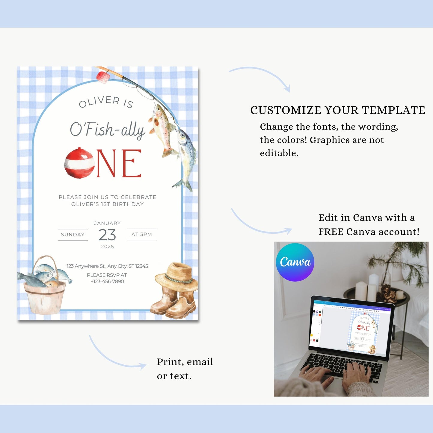 O Fishally One Birthday Invitation, Fishing Theme Editable Template, First Birthday Gone Fishing Celebration