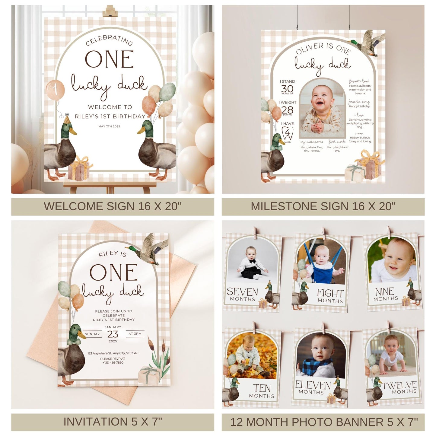 One Lucky Duck Birthday Invite Duck First Birthday Party Decor Mallard Duck 1st Birthday Bundle Duck Theme Party First Hunt Birthday Decor