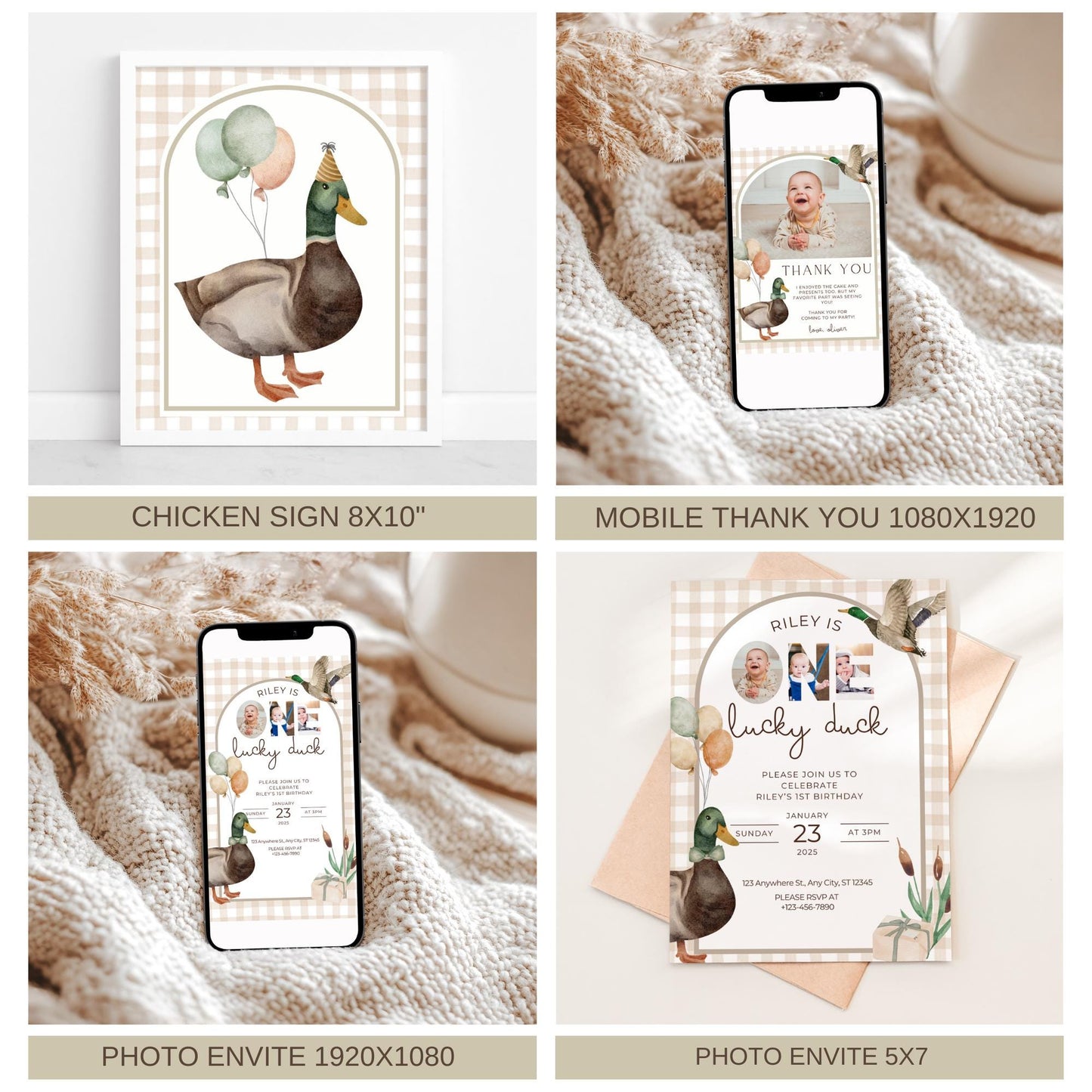 One Lucky Duck Birthday Invite Duck First Birthday Party Decor Mallard Duck 1st Birthday Bundle Duck Theme Party First Hunt Birthday Decor