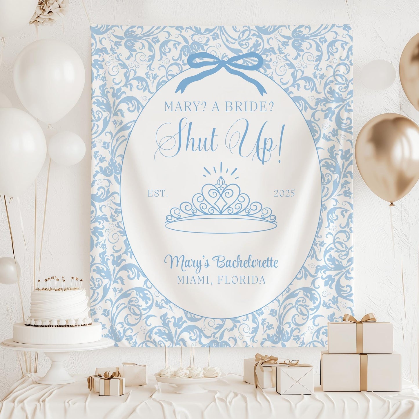 Me? A Bride? Shut Up! Banner Princess Themed Bachelorette Party Supplies Diaries Decor Princess Bridal shower Backdrop Bride Face decor Hen