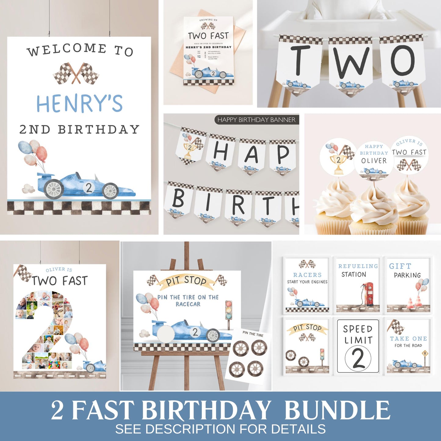Two Fast Birthday Bundle Two Fast Two Curious Birthday Party Decor Race Car Birthday Vintage Racecar Theme Party Boy 2nd Birthday Decor