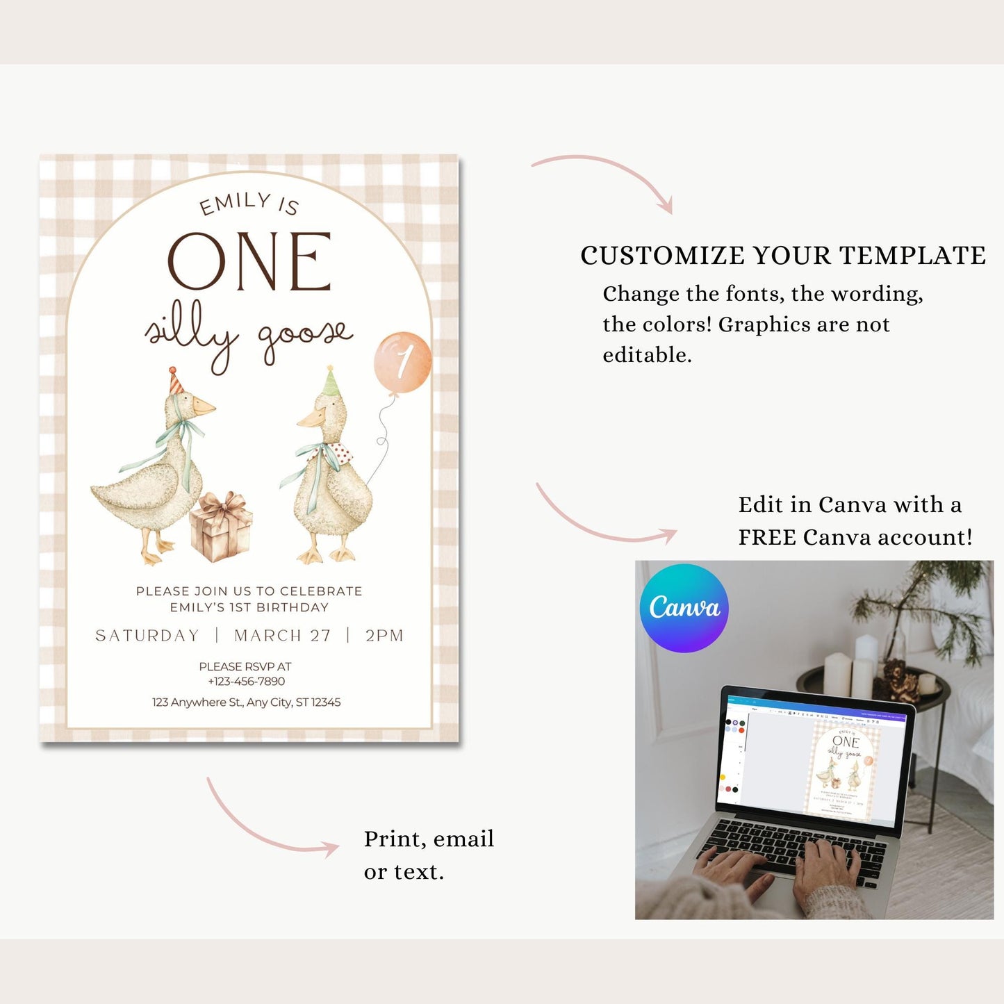 One Silly Goose Birthday Invite Gender Neutral First Birthday 1st Birthday Silly Goose Decor Editable Invitation Nursery Rhyme Birthday
