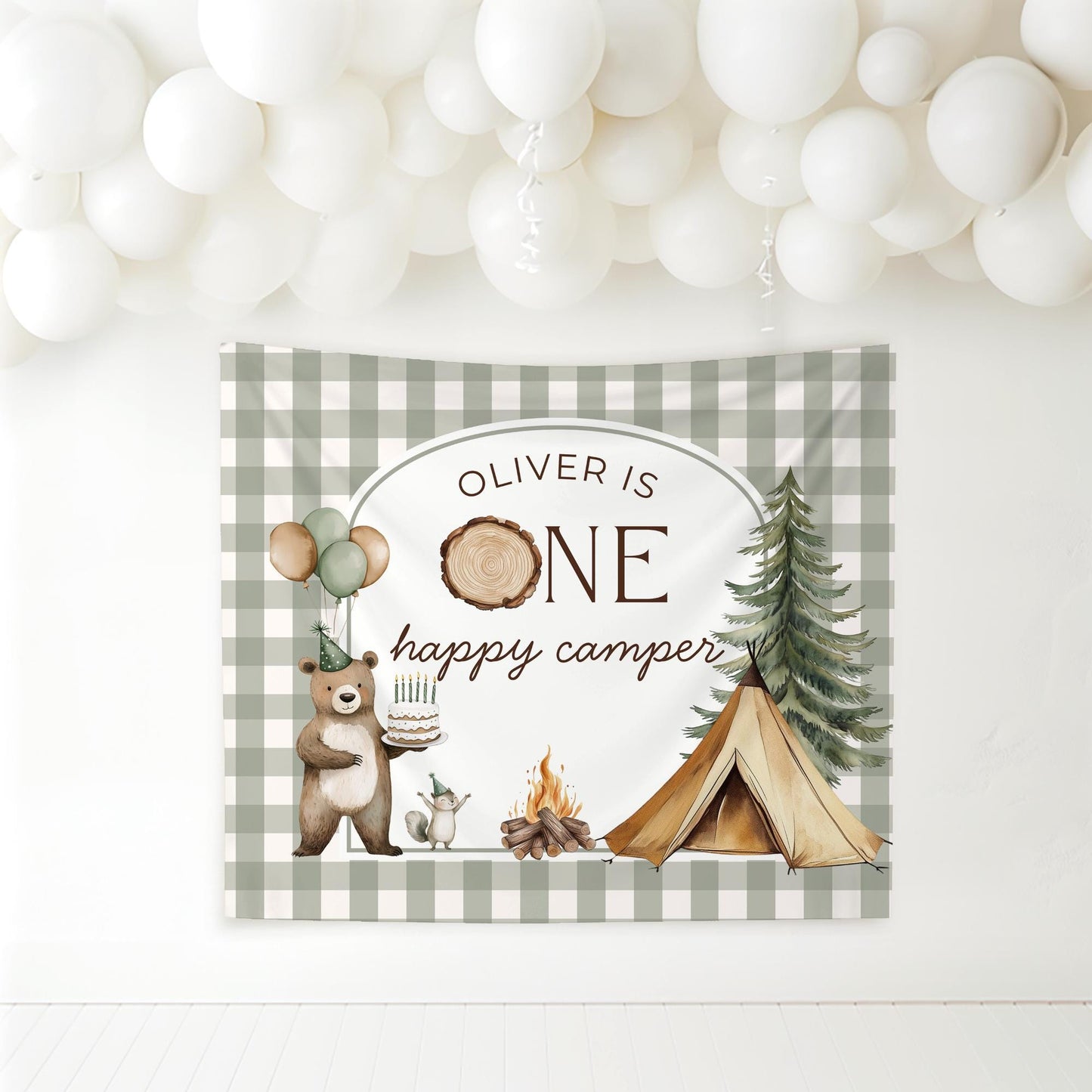 One Happy Camper Birthday Backdrop One Happy Camper Welcome Sign Camping Birthday Banner Personalized Woodland Birthday Decoration