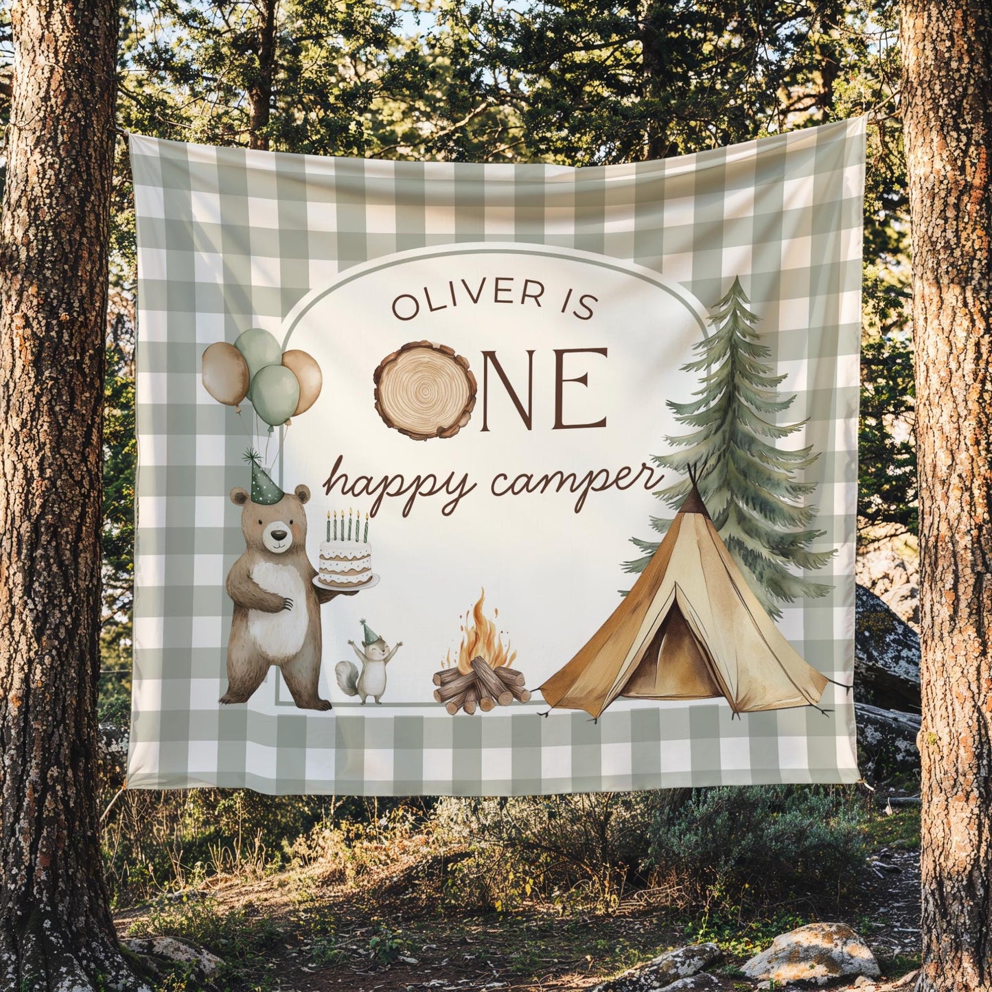 One Happy Camper Birthday Backdrop One Happy Camper Welcome Sign Camping Birthday Banner Personalized Woodland Birthday Decoration