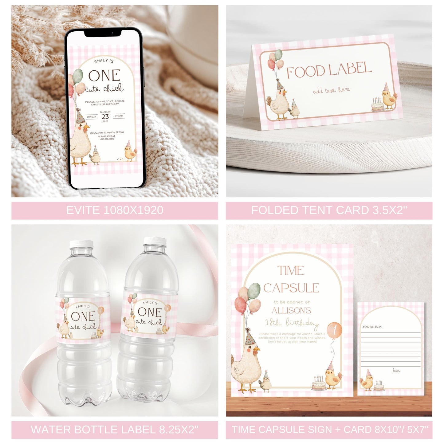 One Cute Chick Birthday Bundle This Chick is One First Birthday Party Decor Chicken 1st Birthday Invite Farm Theme Party Chick Birthday