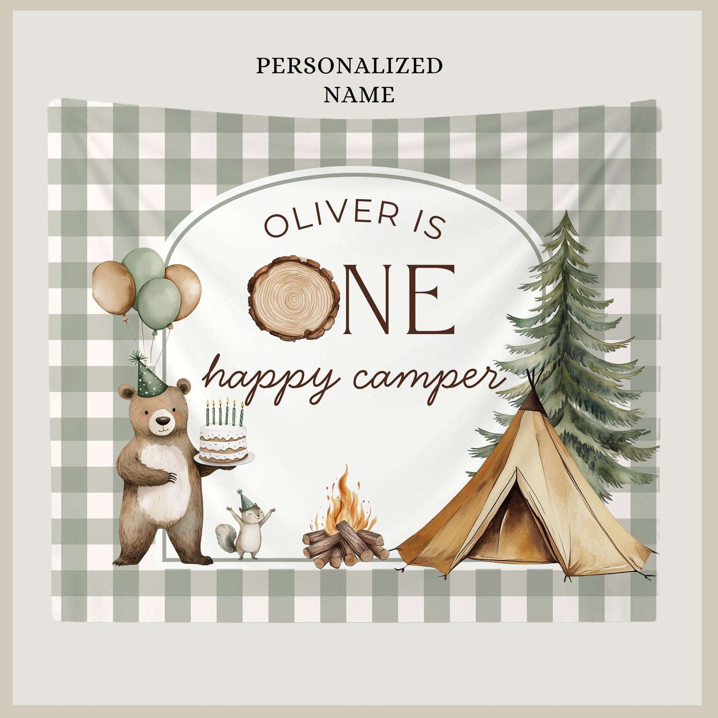 One Happy Camper Birthday Backdrop One Happy Camper Welcome Sign Camping Birthday Banner Personalized Woodland Birthday Decoration