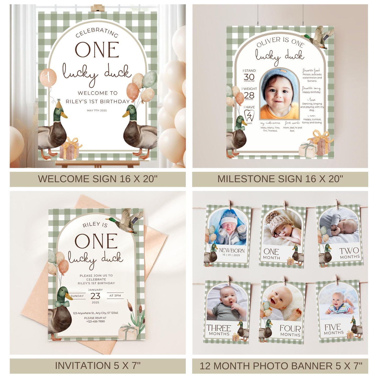 One Lucky Duck Birthday Invite Duck First Birthday Party Decor Mallard Duck 1st Birthday Bundle Duck Theme Party First Hunt Birthday Decor
