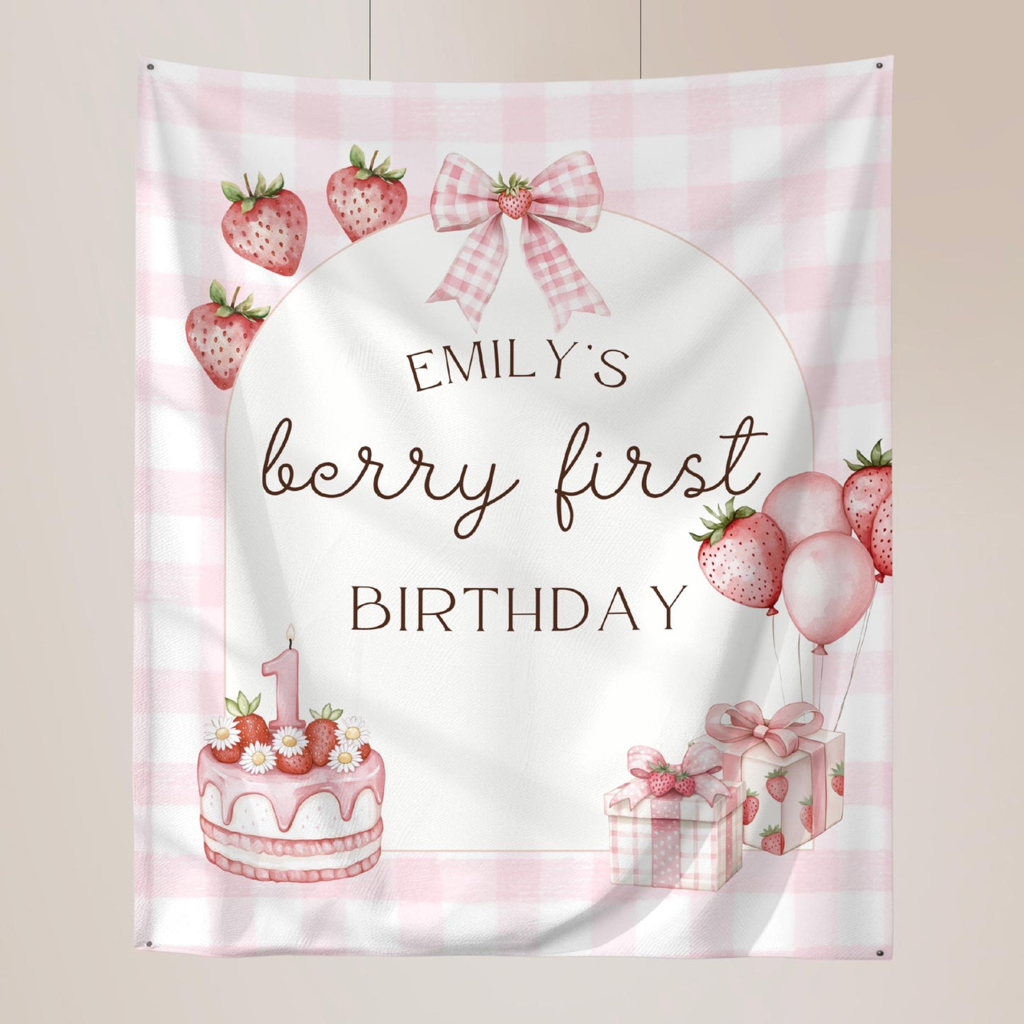 Berry First Birthday Tapestry Decor Personalized Girl 1st Birthday Banner Strawberry Birthday Welcome Sign Berry Sweet to be One Party Decor