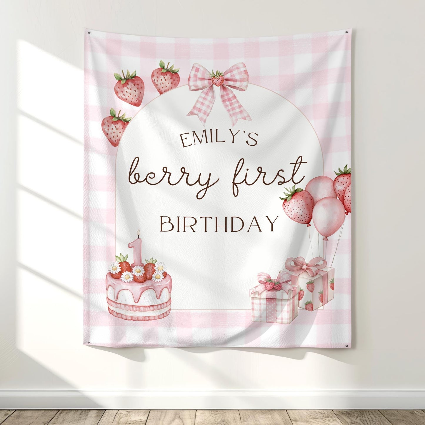 Berry First Birthday Tapestry Decor Personalized Girl 1st Birthday Banner Strawberry Birthday Welcome Sign Berry Sweet to be One Party Decor