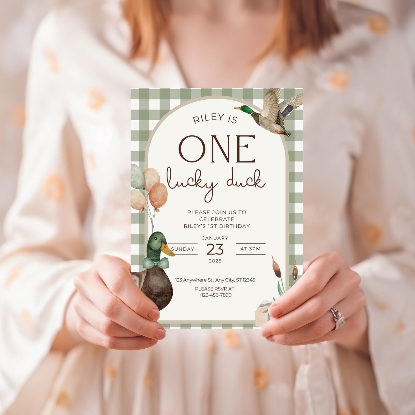 One Lucky Duck Birthday Invitation Boys First Birthday Invite Mallard Duck Watercolor Duck Gingham 1st Birthday Party Invite