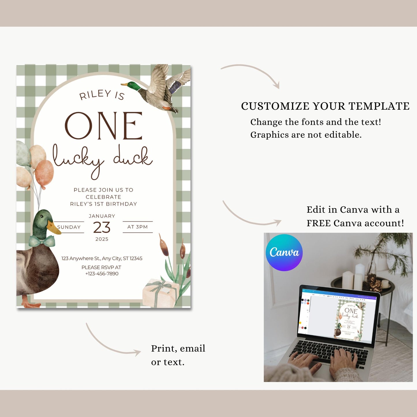 One Lucky Duck Birthday Invitation Boys First Birthday Invite Mallard Duck Watercolor Duck Gingham 1st Birthday Party Invite