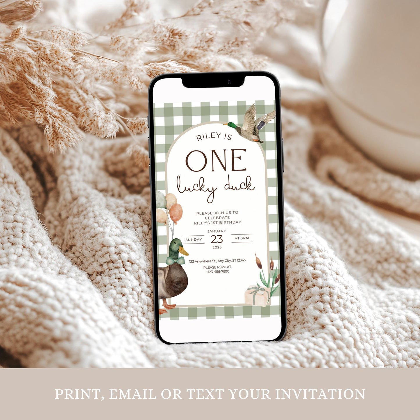 One Lucky Duck Birthday Invitation Boys First Birthday Invite Mallard Duck Watercolor Duck Gingham 1st Birthday Party Invite